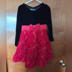Bonnie Jean Black Velvet Top with Red Floral Sequin Skirt and Bow